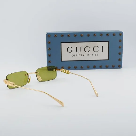 Gucci GG1808S 002 Sunglasses Gold Rectangle Frame, Green with GG pattern Lenses Gucci GG1808S 002 Rectangle Sunglasses - Gold/Green with GG  main image 2